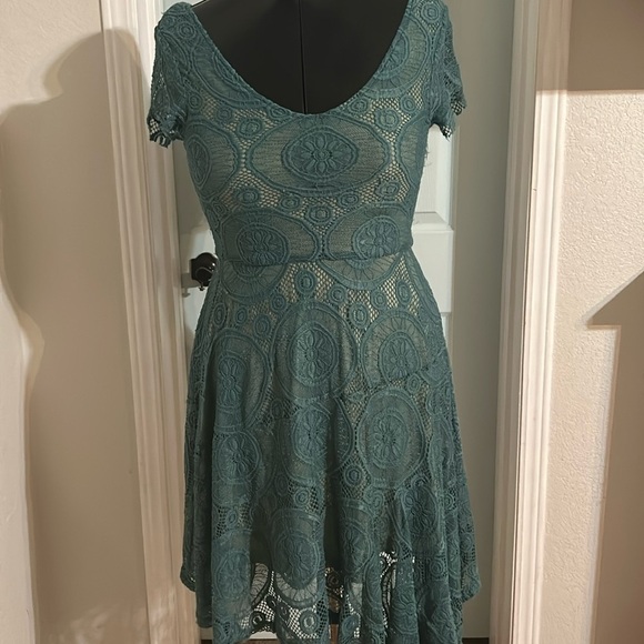 Joyfolie Teal Lace Dress - Picture 1 of 11